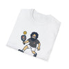 White graphic t-shirt with cartoon bearded character holding a bat-style prop