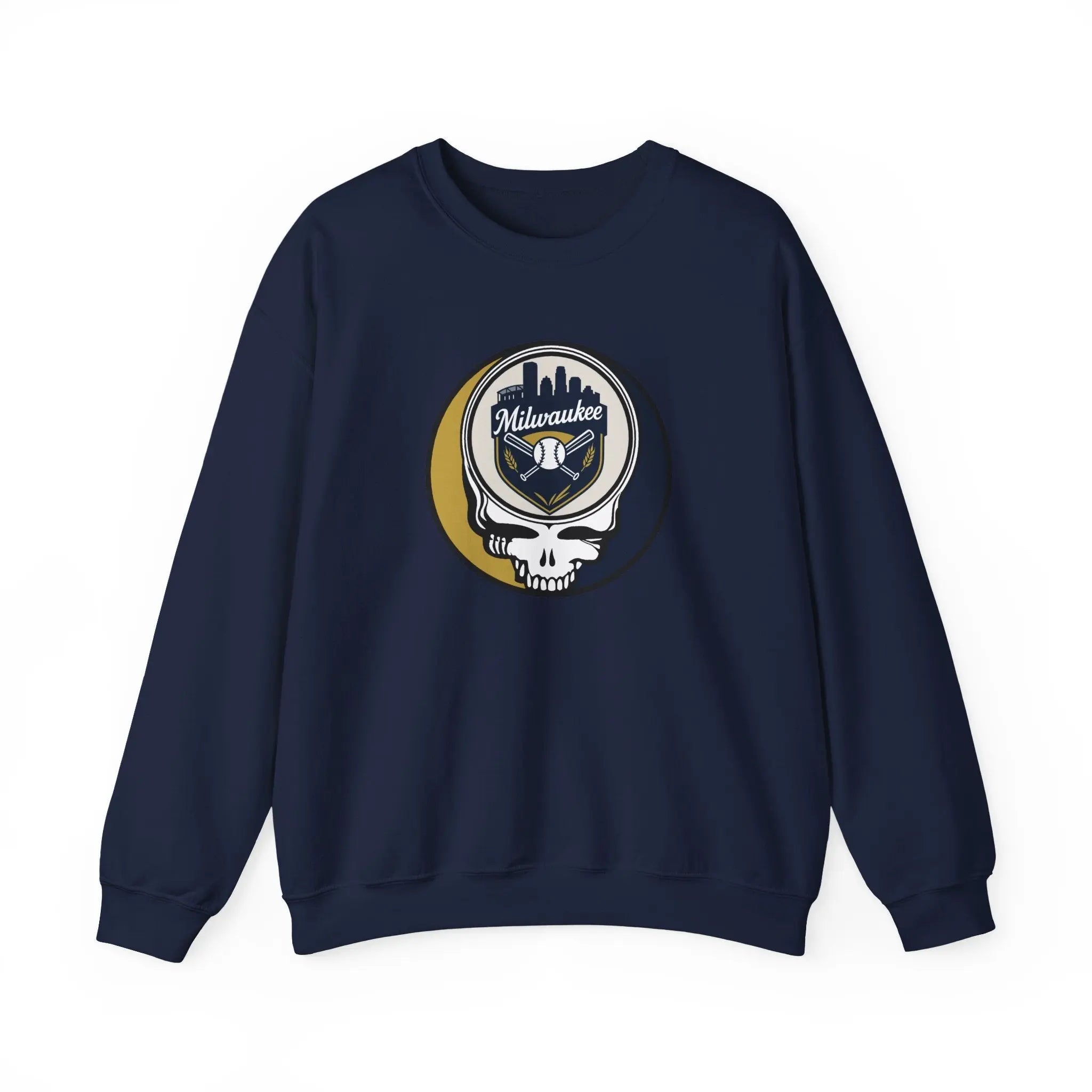 Navy crewneck sweatshirt with circular Milwaukee skull logo graphic
