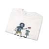 Disc Golfin' Jerry white crewneck sweatshirt, cartoon golfer with disc and basket graphic