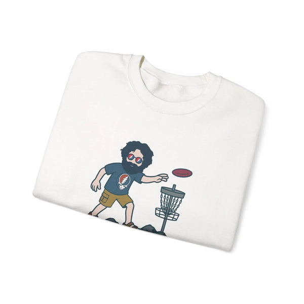 Disc Golfin' Jerry white crewneck sweatshirt, cartoon golfer with disc and basket graphic