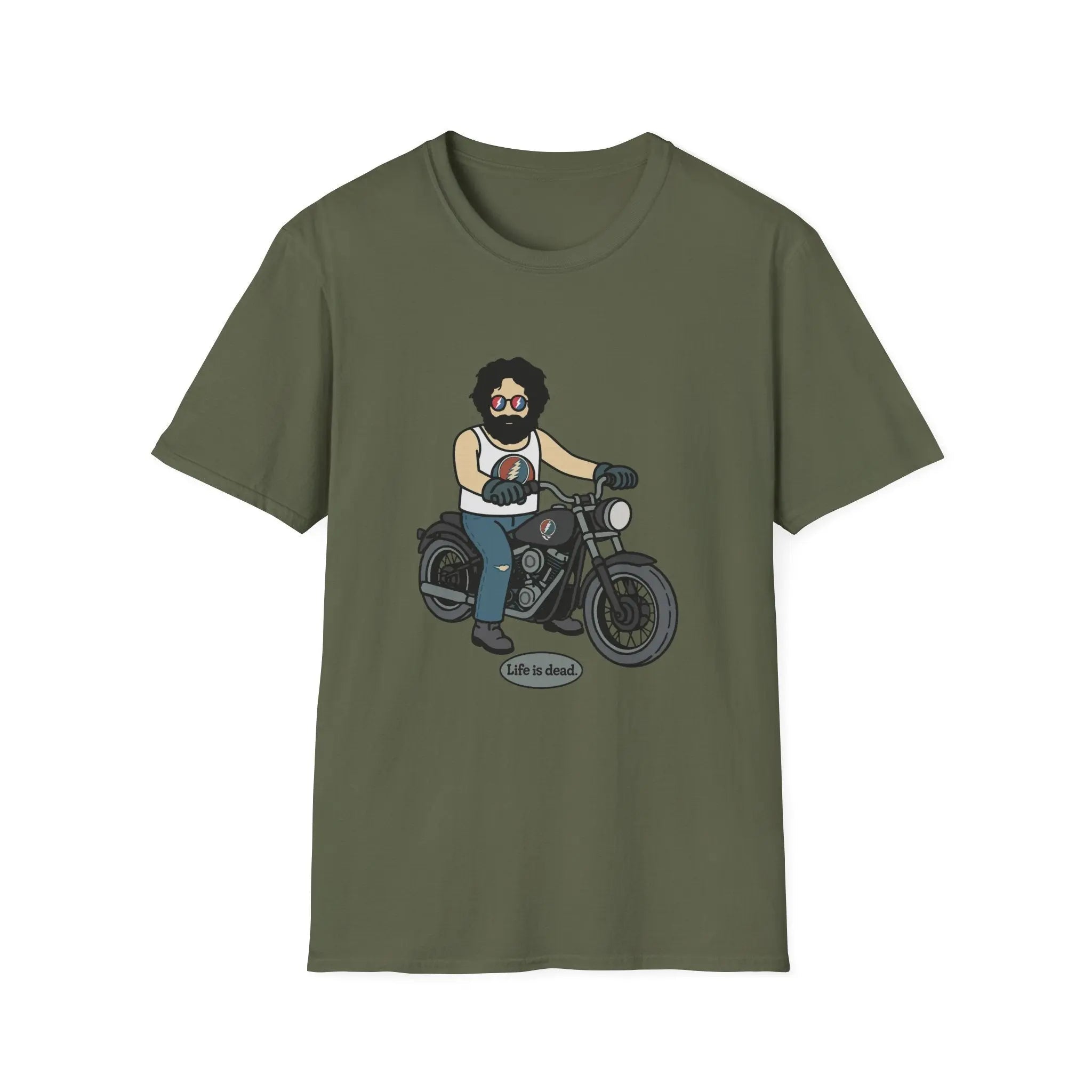 Olive green crew-neck T-shirt with centered bearded biker on motorcycle graphic