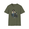 Olive green crew-neck T-shirt with centered bearded biker on motorcycle graphic