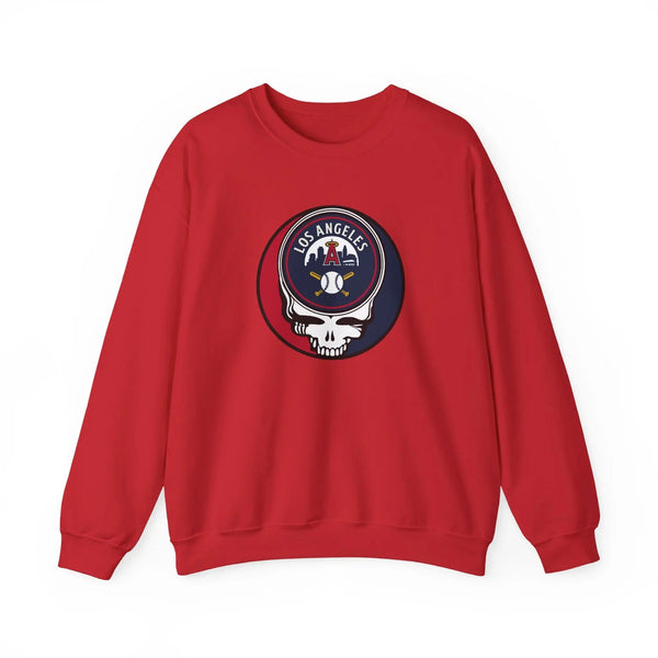 Red crewneck sweatshirt with Los Angeles Angels Stealie logo graphic on front