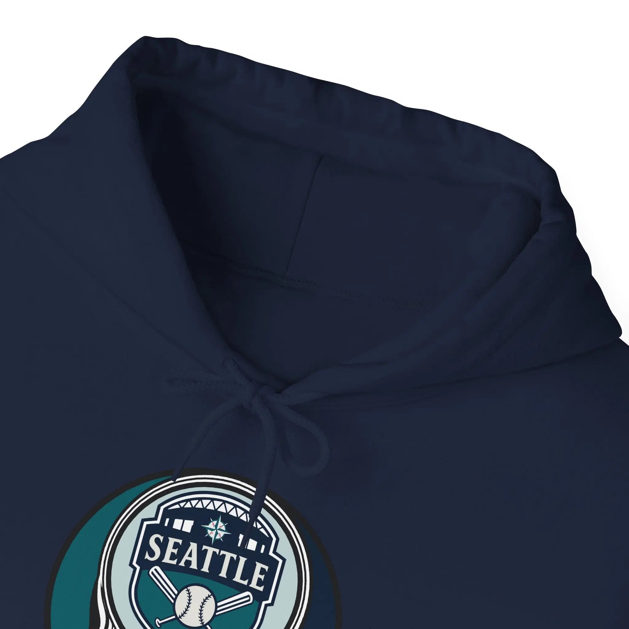 Navy Mariners hoodie close-up of hood and front Seattle logo graphic