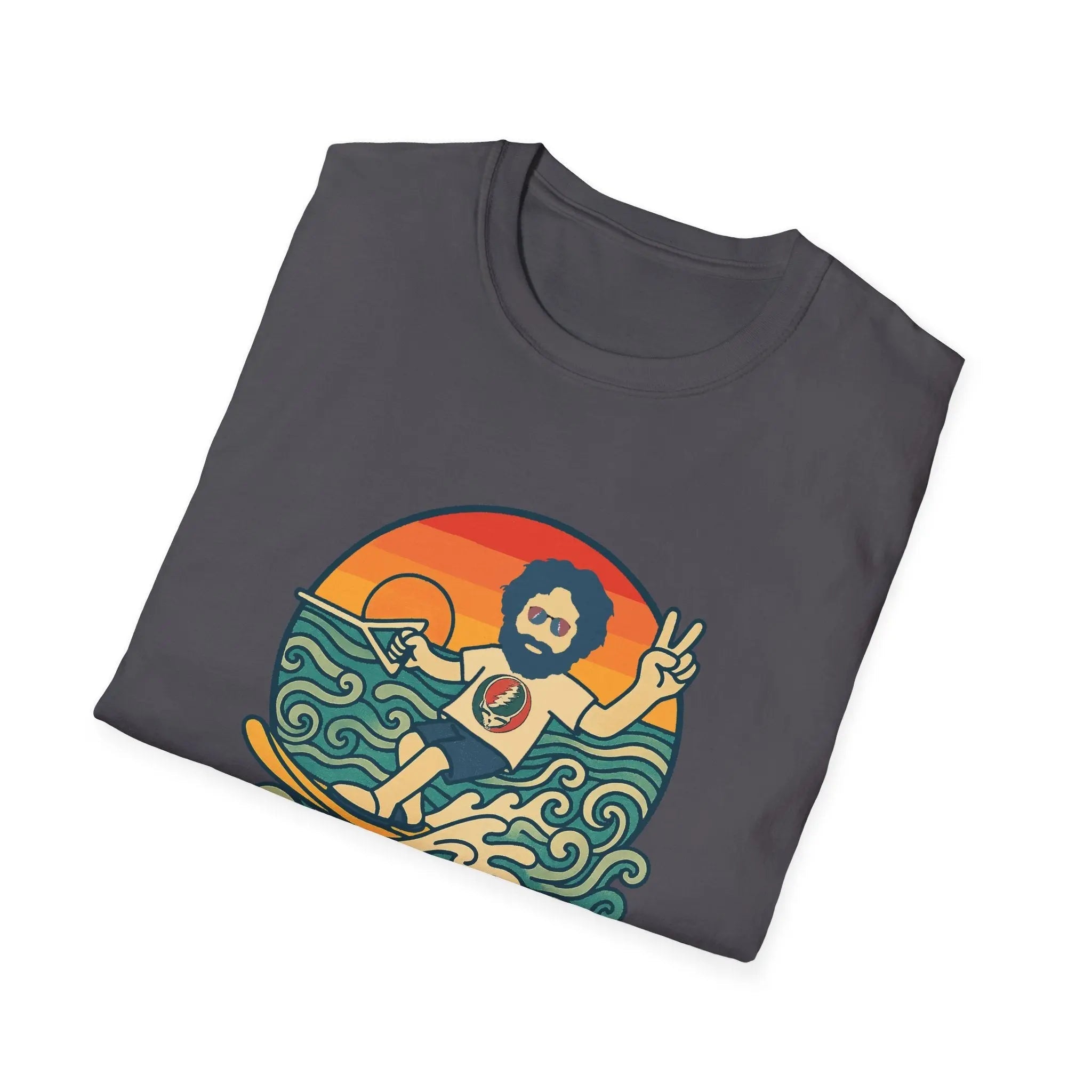 Charcoal T-shirt with front graphic of a bearded man in a circular orange scene