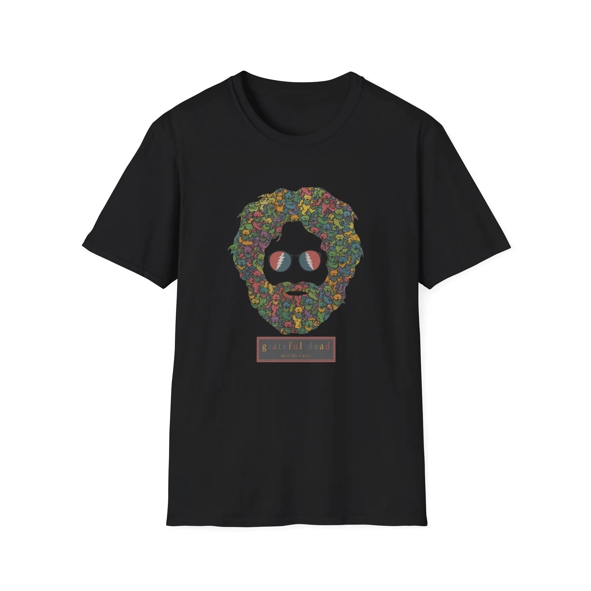 Black T-shirt with colorful dancing bears face graphic on the chest.