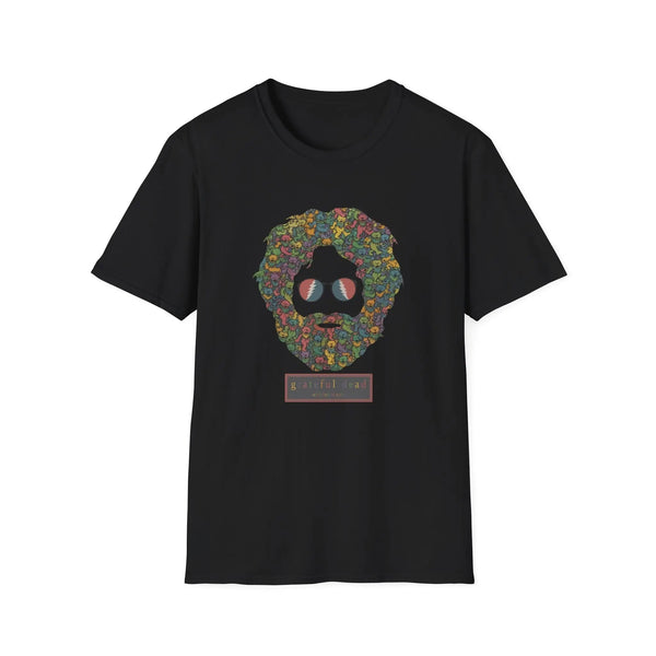 Black T-shirt with colorful dancing bears face graphic on the chest.