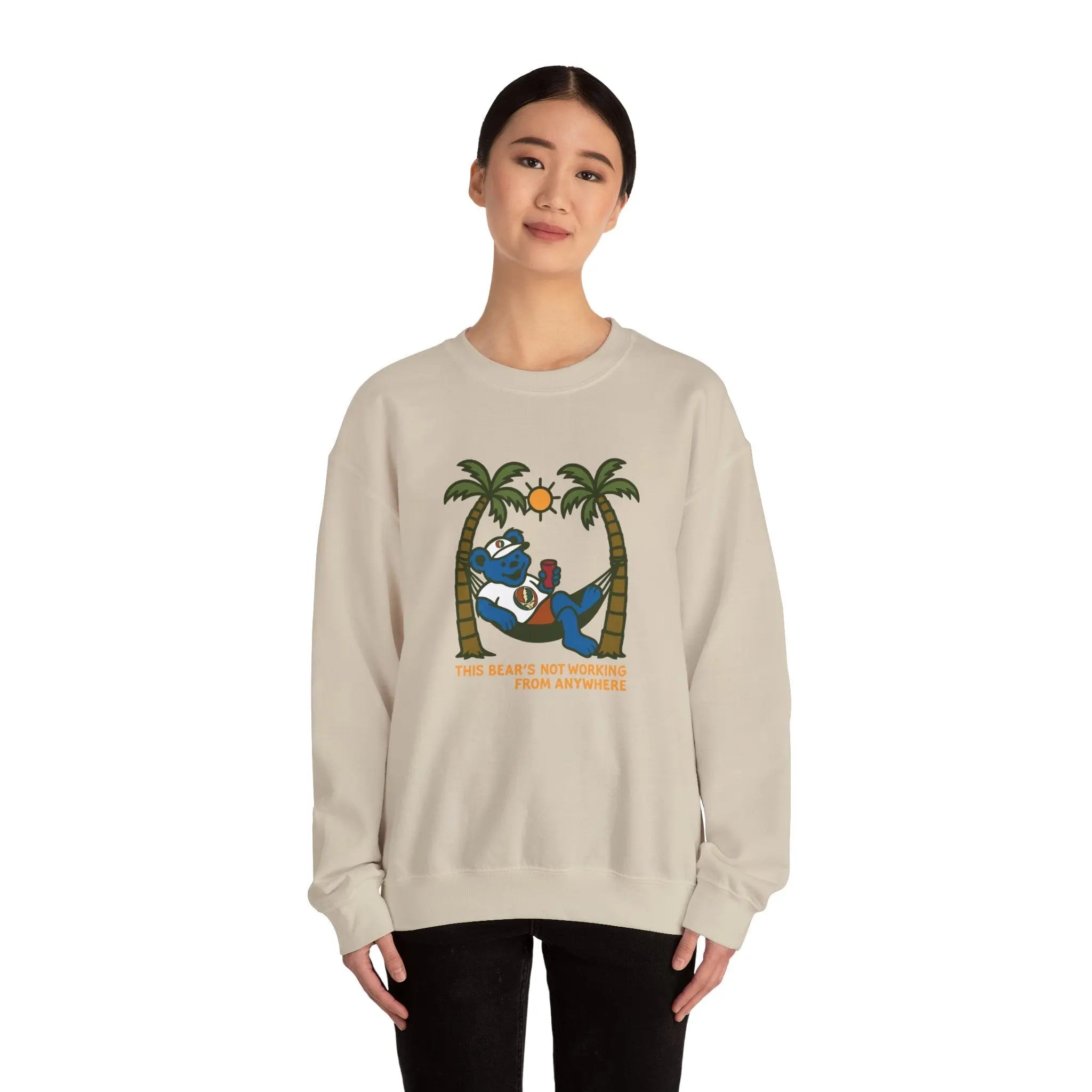 Sand crewneck sweatshirt with palm-tree bear graphic, long sleeves