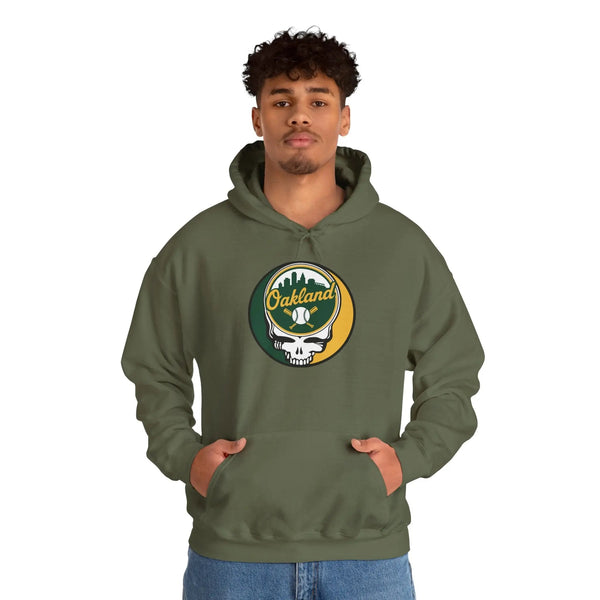 Olive green hoodie with hood and front pouch pocket, Oakland logo skull baseball graphic.