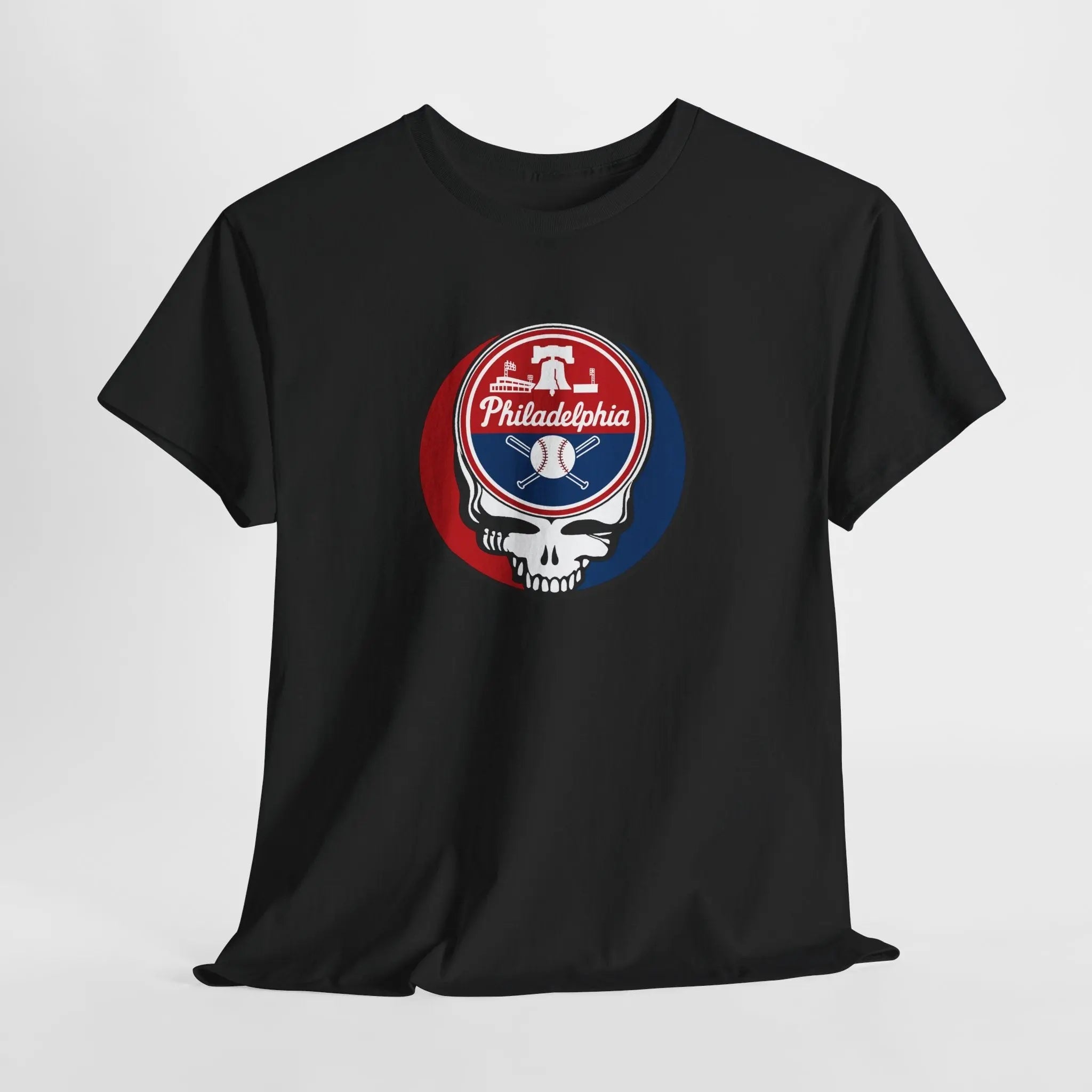 Black crewneck T-shirt with circular Philadelphia team logo graphic on front.