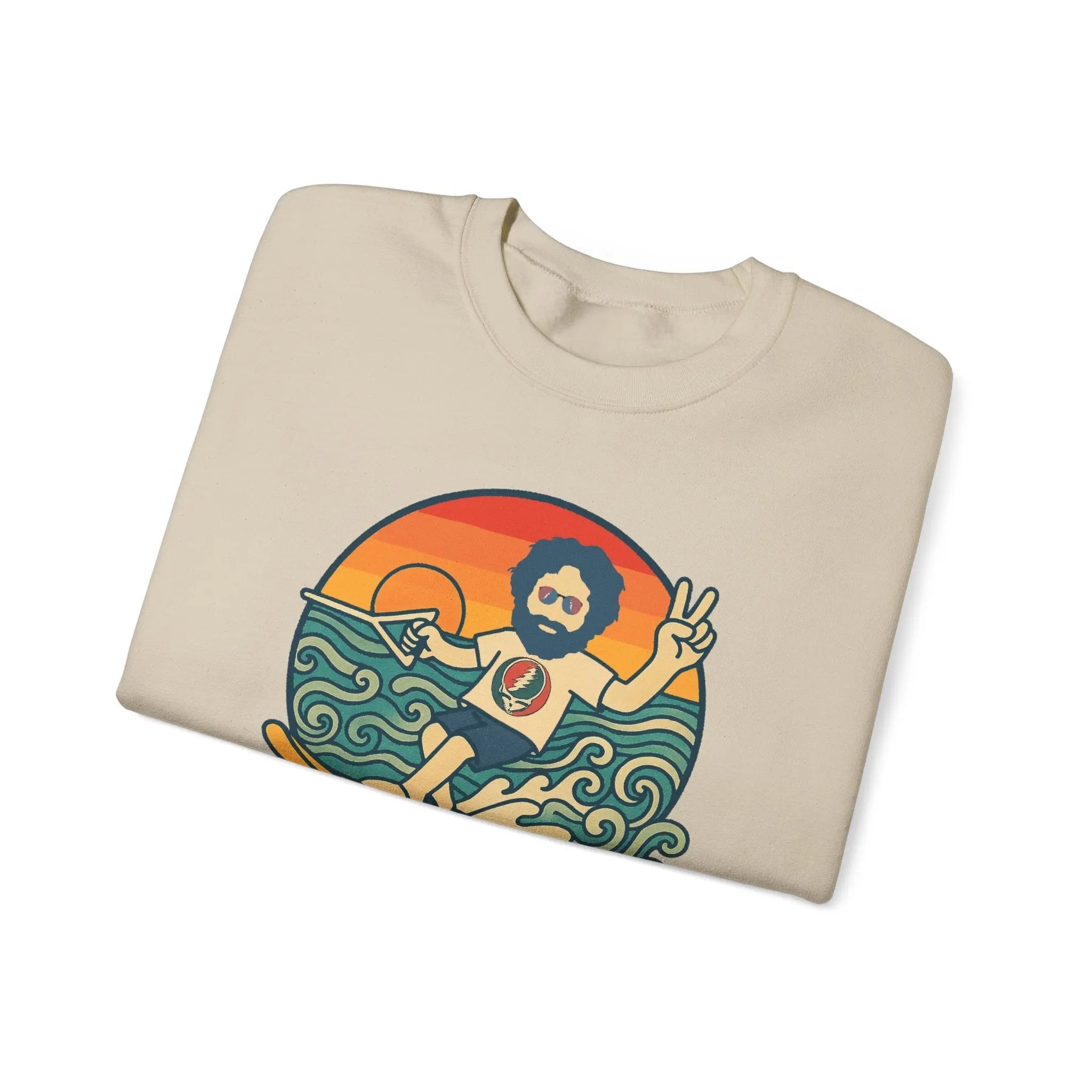 Sand crewneck sweatshirt, folded close-up, sea and figure graphic