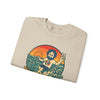 Sand crewneck sweatshirt, folded close-up, sea and figure graphic