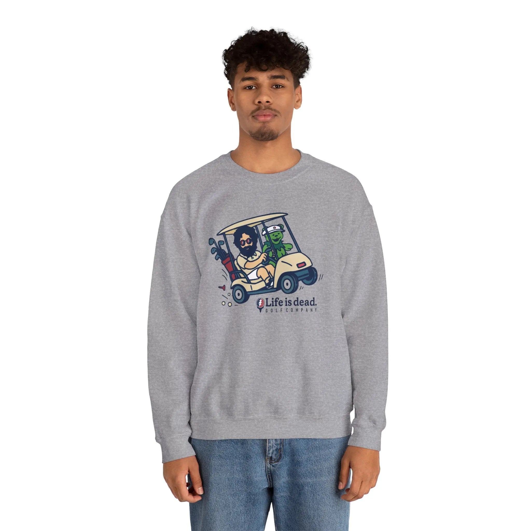 Sport grey crewneck sweatshirt with colorful cartoon vehicle graphic on chest