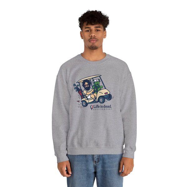 Sport grey crewneck sweatshirt with colorful cartoon vehicle graphic on chest