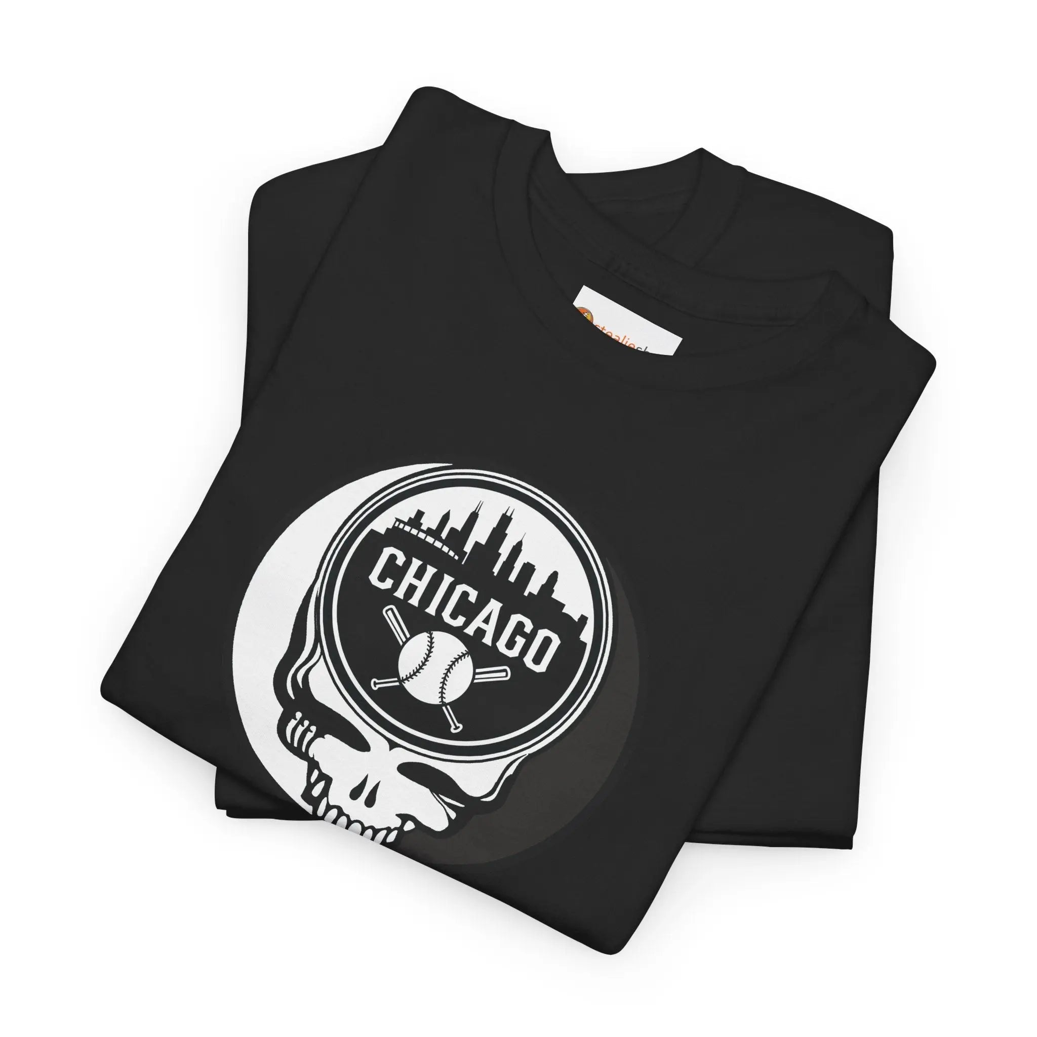 Black Chicago Stealie skull T-shirt, folded, with circular logo graphic on chest