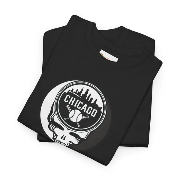Black Chicago Stealie skull T-shirt, folded, with circular logo graphic on chest