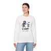 White crewneck sweatshirt with cartoon disc-golf graphic on chest