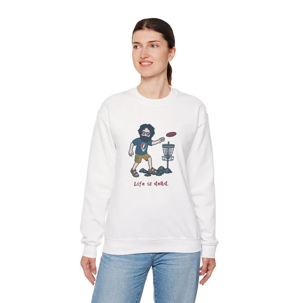 White crewneck sweatshirt with cartoon disc-golf graphic on chest