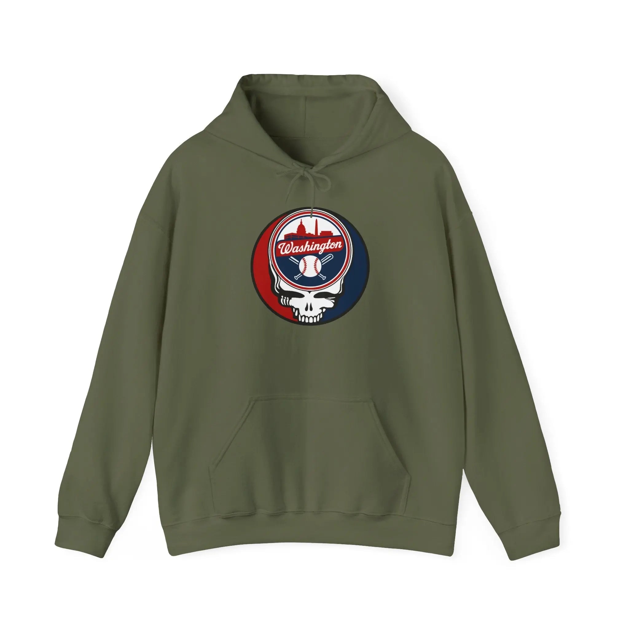 Olive Washington Nationals hoodie with front circular team logo and skull graphic