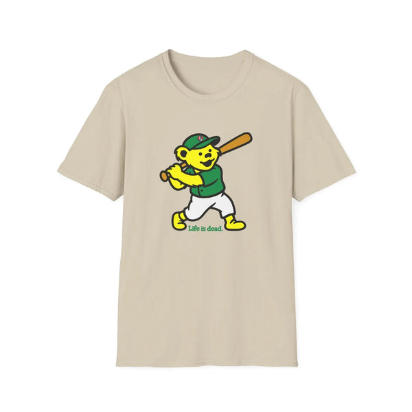 Beige T-shirt with dancing bear graphic and text "Life is dead" on front