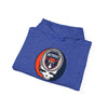 Royal blue heather pullover hoodie with front Detroit logo patch and drawstring hood