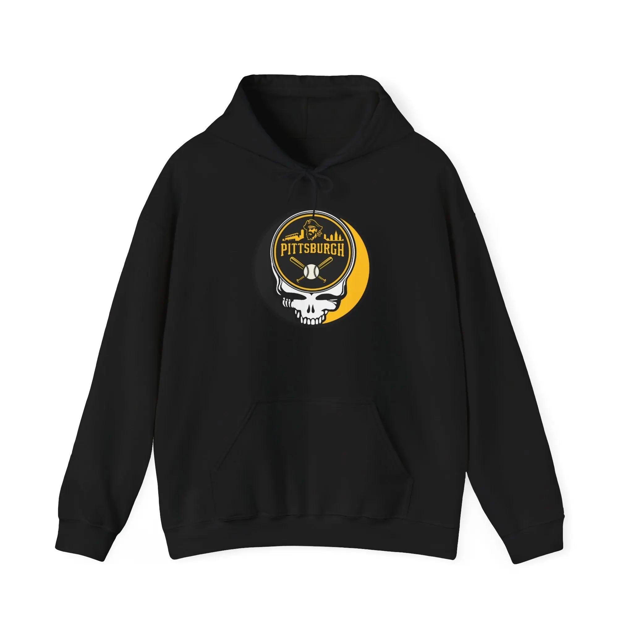 Black Pittsburgh hoodie with front pouch pocket, drawstring hood, and Stealie logo