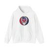 White pullover hoodie with hood, drawstring, front pocket, Twin Cities logo patch
