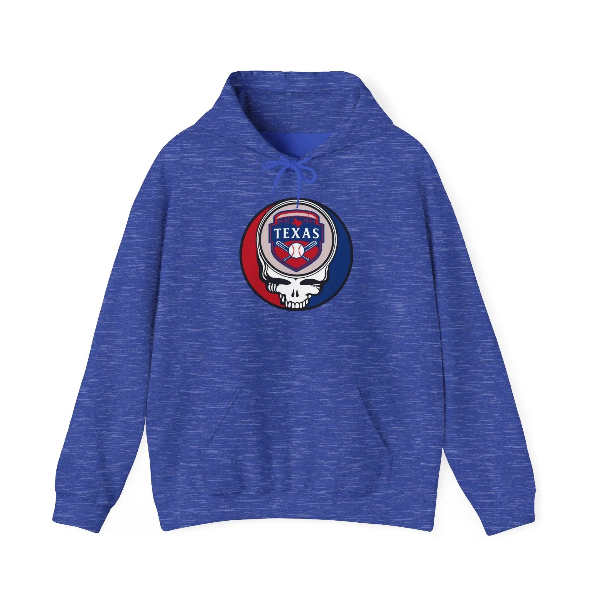 Blue hoodie with drawstring hood, front pocket, and TEXAS circular skull graphic