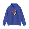 Blue hoodie with drawstring hood, front pocket, and TEXAS circular skull graphic