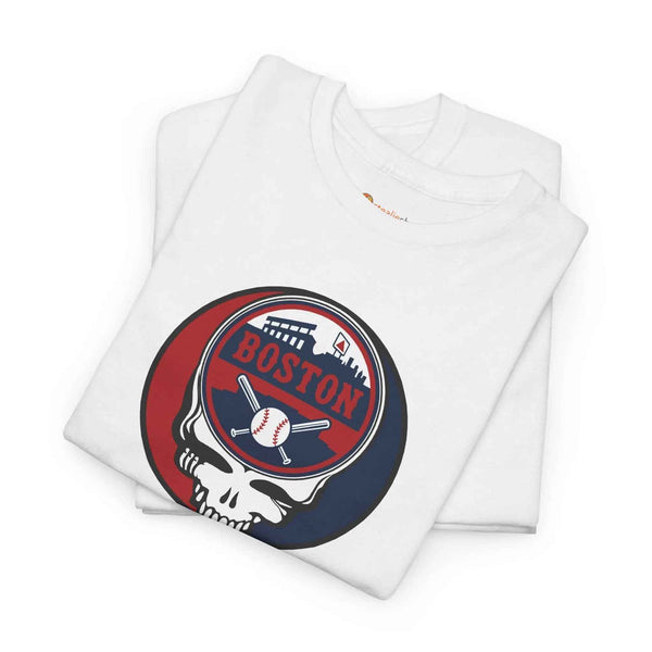 White T-shirt with circular Boston logo skull and baseball graphic