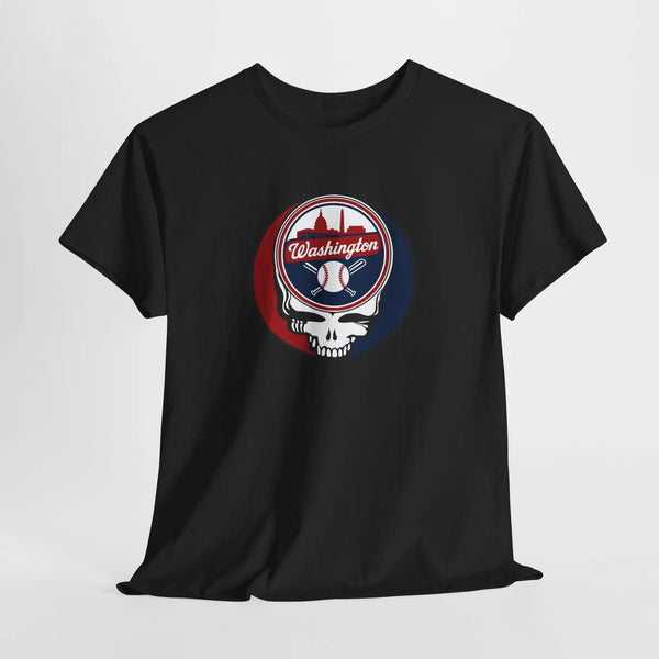 Black crewneck T-shirt with circular Washington baseball skull logo graphic