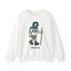 White crewneck sweatshirt, full front view with hiking character graphic