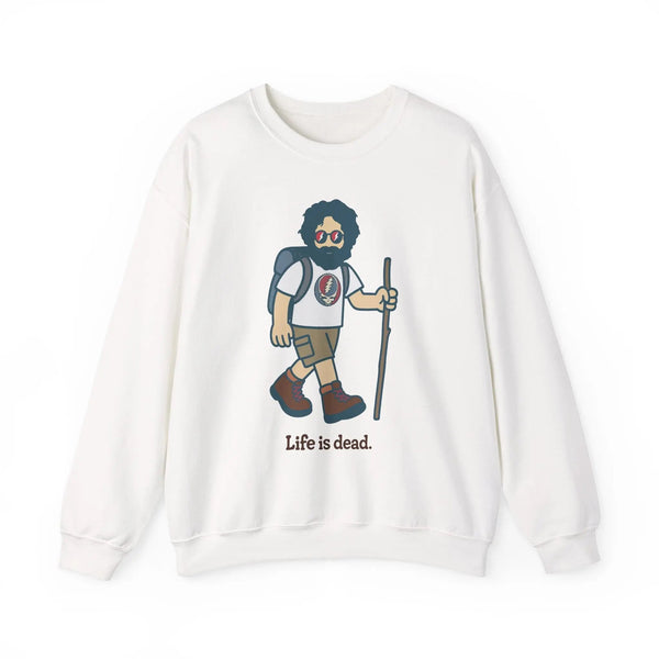 White crewneck sweatshirt, full front view with hiking character graphic