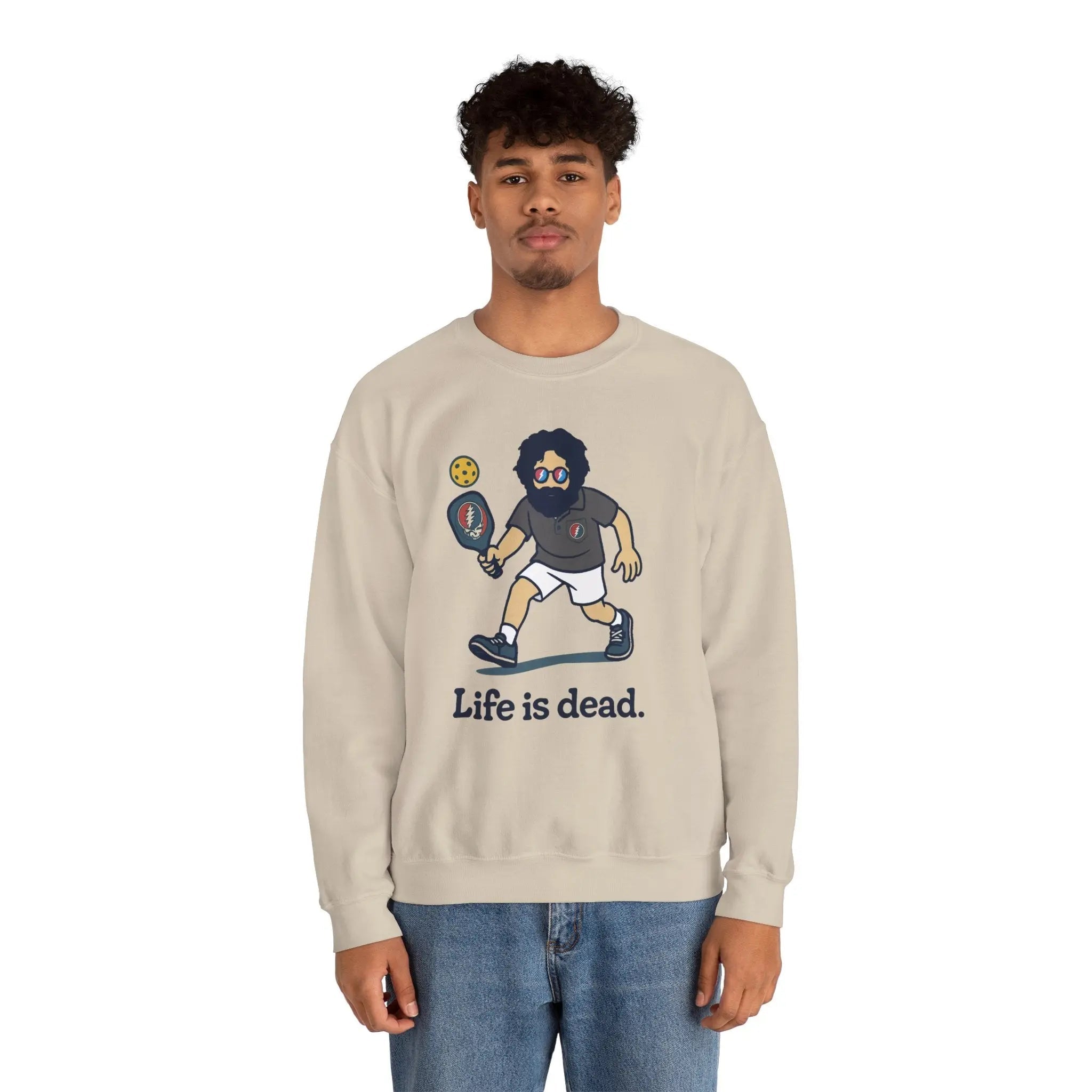 Sand-colored crewneck sweatshirt with front graphic and “Life is dead.” text
