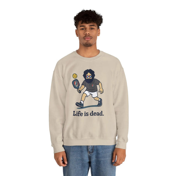 Sand-colored crewneck sweatshirt with front graphic and “Life is dead.” text