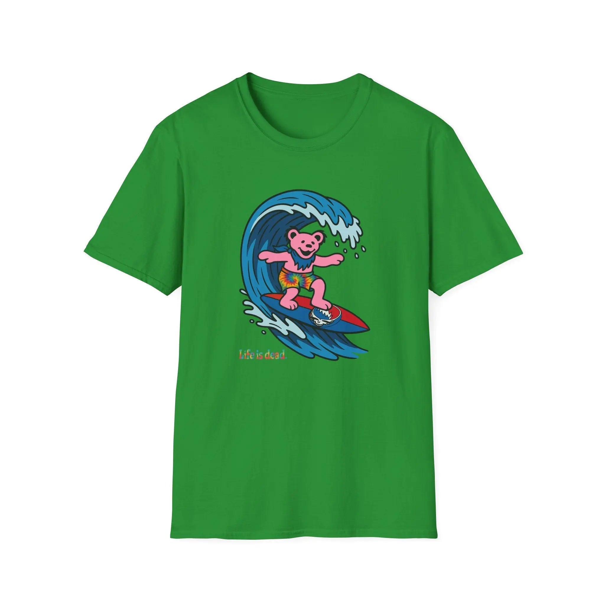 Irish green T-shirt with pink bear surfing wave graphic and “Life is dead” text