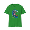 Irish green T-shirt with pink bear surfing wave graphic and “Life is dead” text