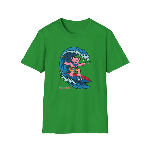 Irish green T-shirt with pink bear surfing wave graphic and “Life is dead” text