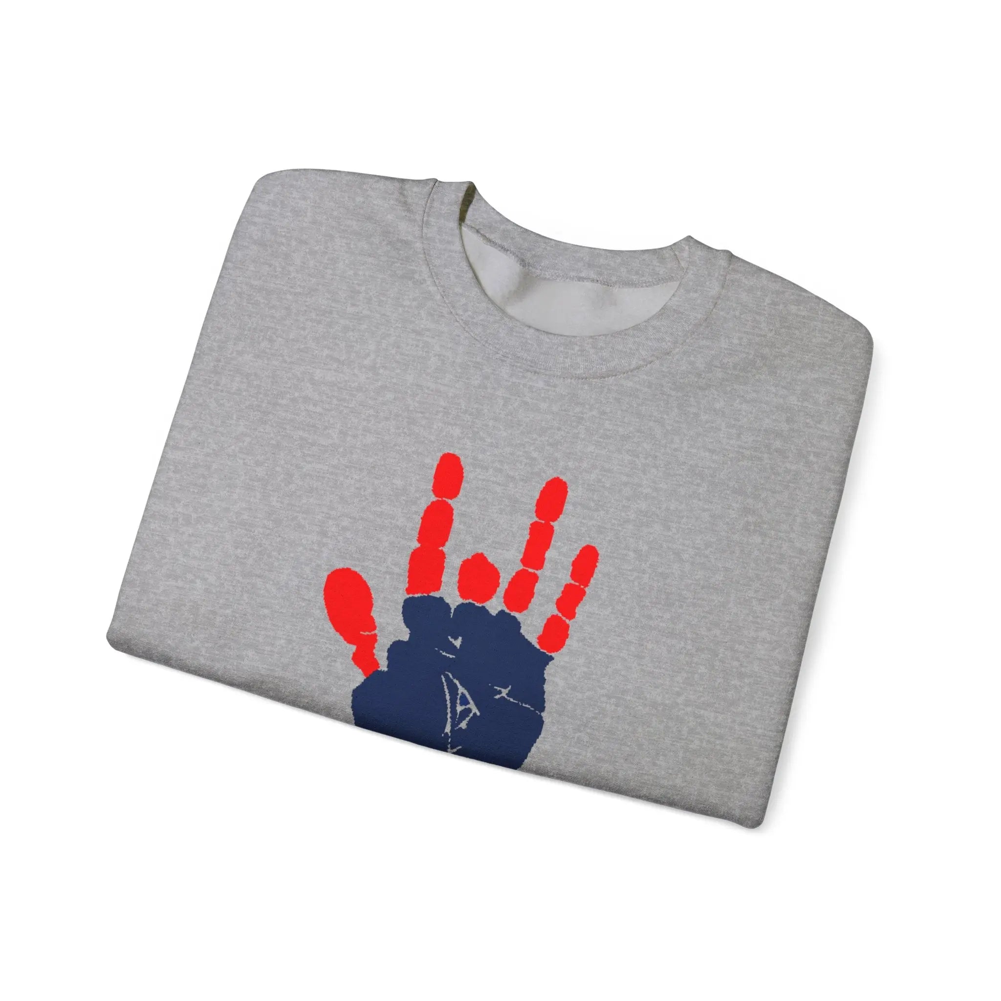 Sport grey crewneck sweatshirt with red and blue handprint graphic on chest