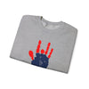 Sport grey crewneck sweatshirt with red and blue handprint graphic on chest
