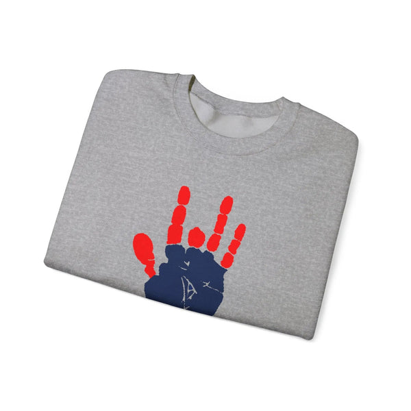 Sport grey crewneck sweatshirt with red and blue handprint graphic on chest