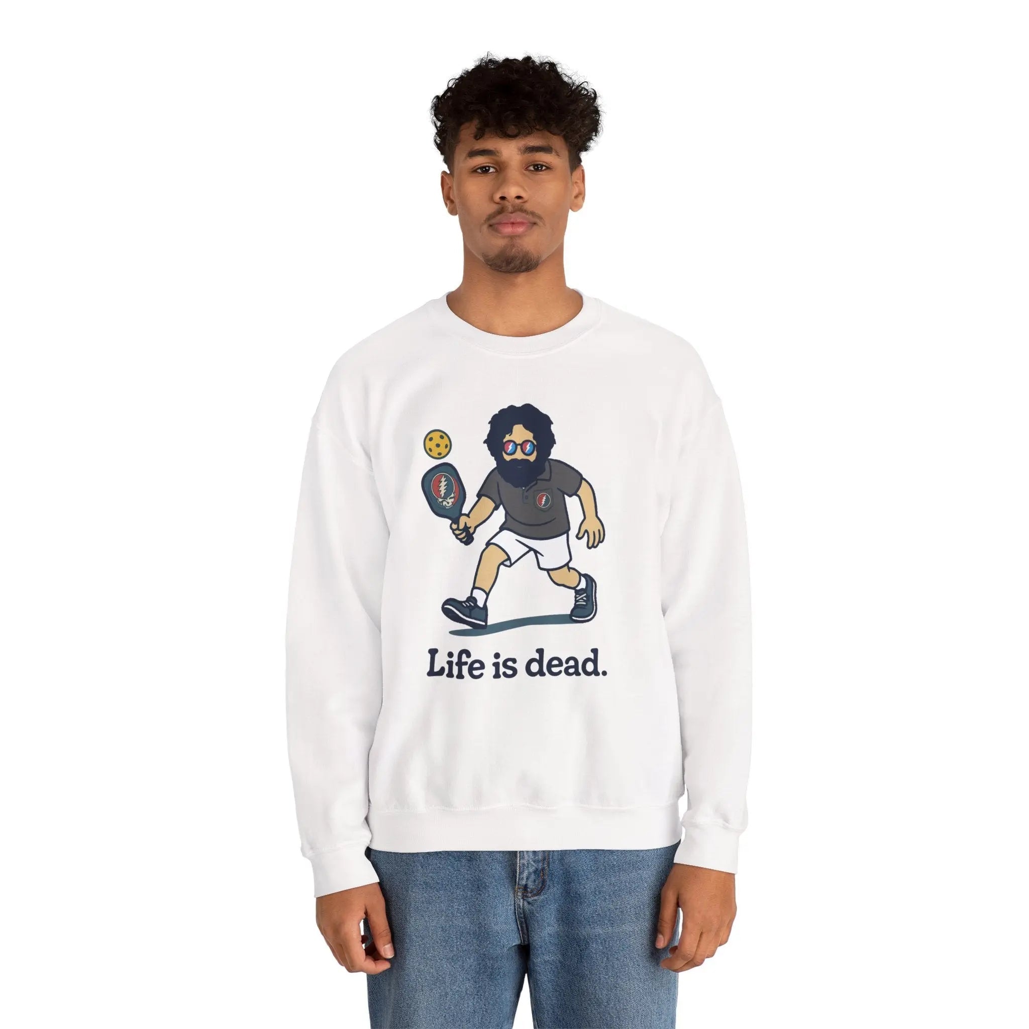 White crewneck sweatshirt with cartoon graphic and text 