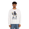 White crewneck sweatshirt with cartoon graphic and text "Life is dead."