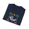 Navy crewneck T-shirt with sloth hammock graphic and palm trees