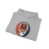Folded light gray Astros hoodie with front circular graphic logo and hood drawstrings