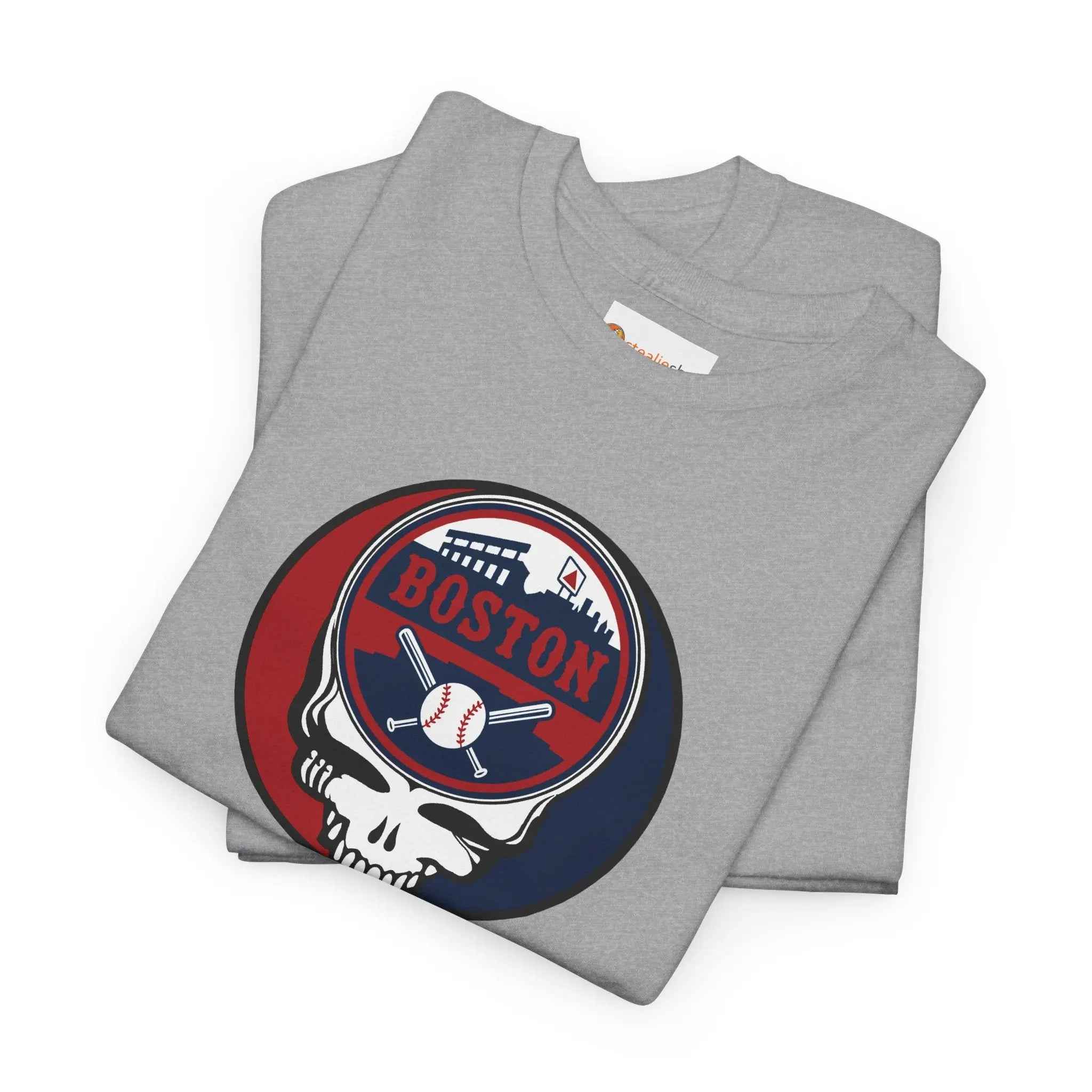 Heather gray T-shirt with circular Boston logo skull and baseball graphic
