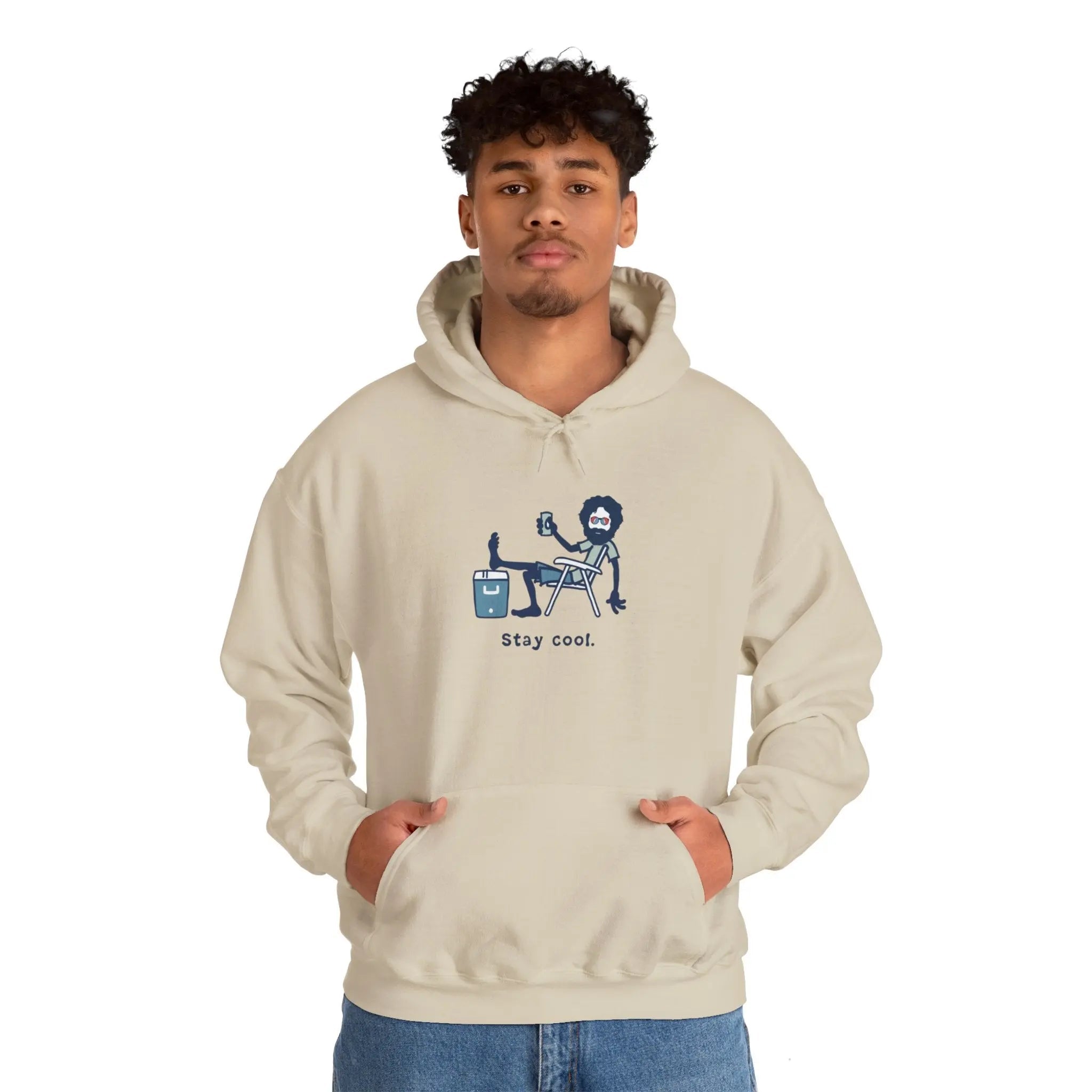 Cream pullover hoodie with kangaroo pocket and Stay cool illustrated chest graphic