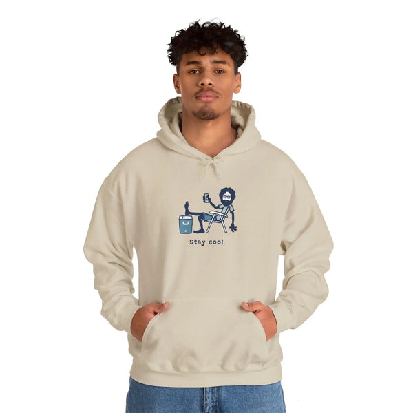 Cream pullover hoodie with kangaroo pocket and Stay cool illustrated chest graphic