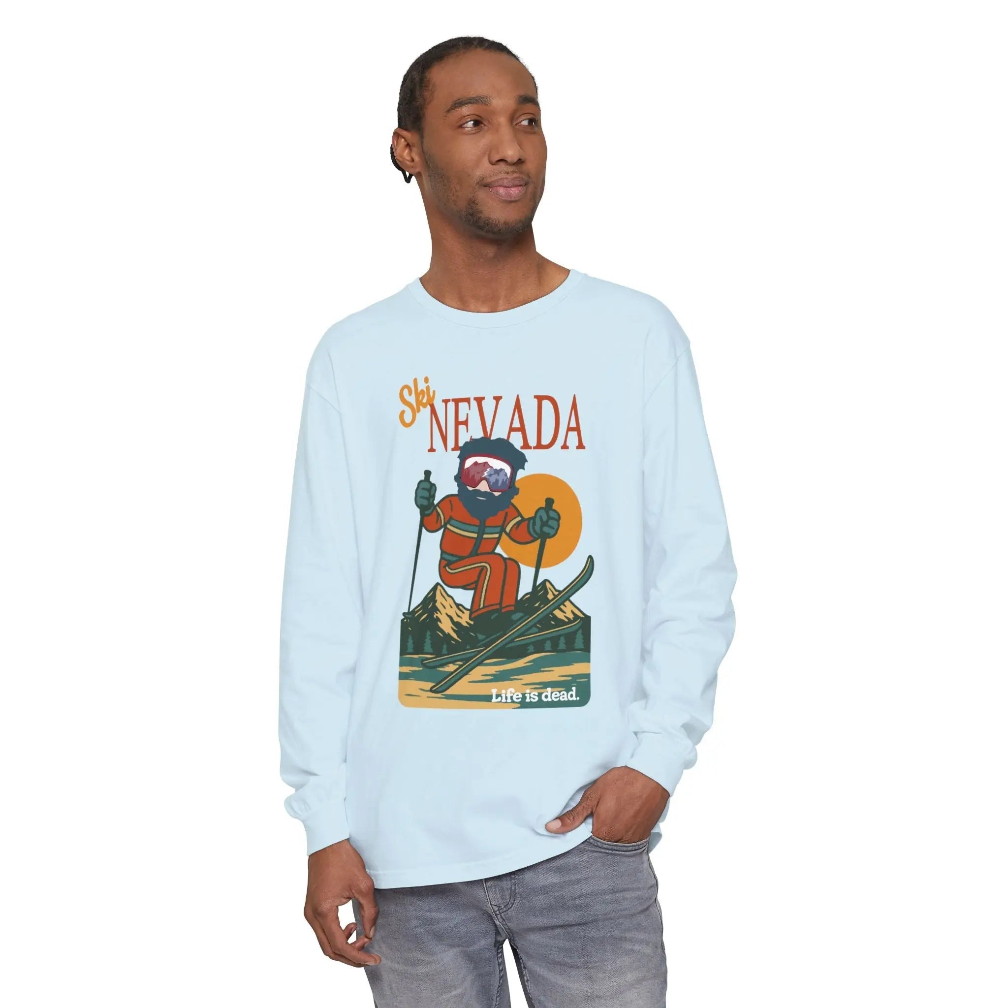 Light blue long-sleeve T-shirt with graphic front