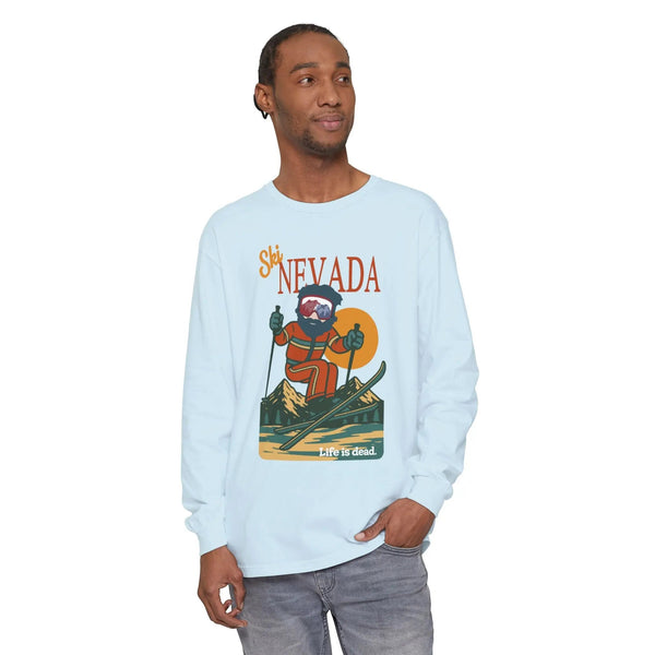 Light blue long-sleeve T-shirt with graphic front
